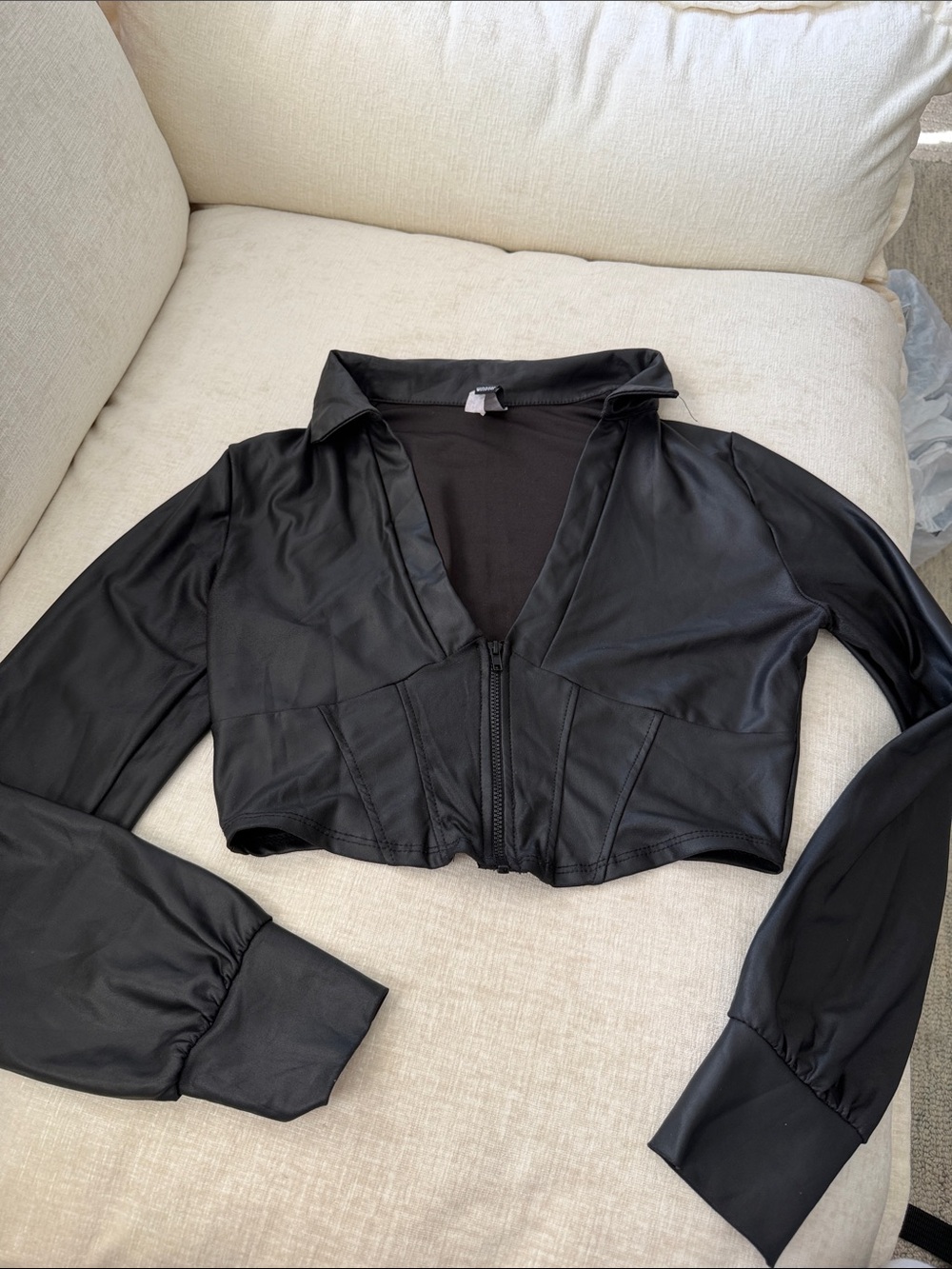 Windsor Black Cropped Faux Leather Zip Collared Shirt